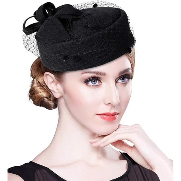 British Vintage Wool Felt Pillbox Hat Ladies Church Derby Fascinator Hat Veil main image 5